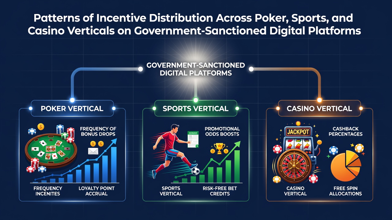 Infographic showing incentive distribution patterns across poker, sports betting, and casino verticals on regulated platforms