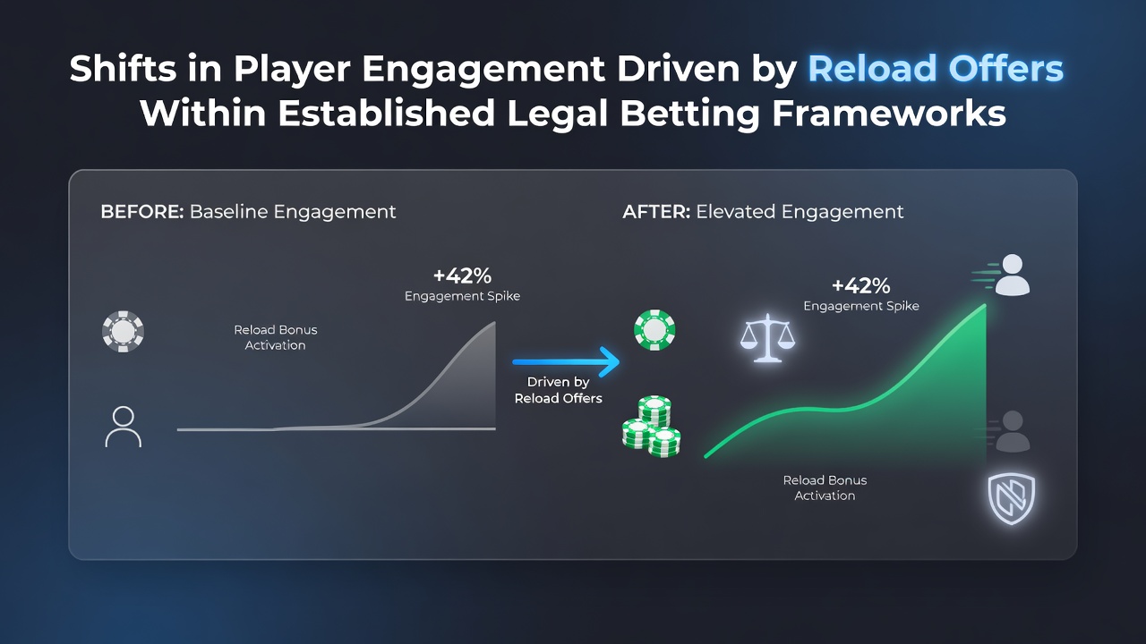 Reload bonus promotions displayed on a legal betting platform interface showing deposit match options and engagement metrics
