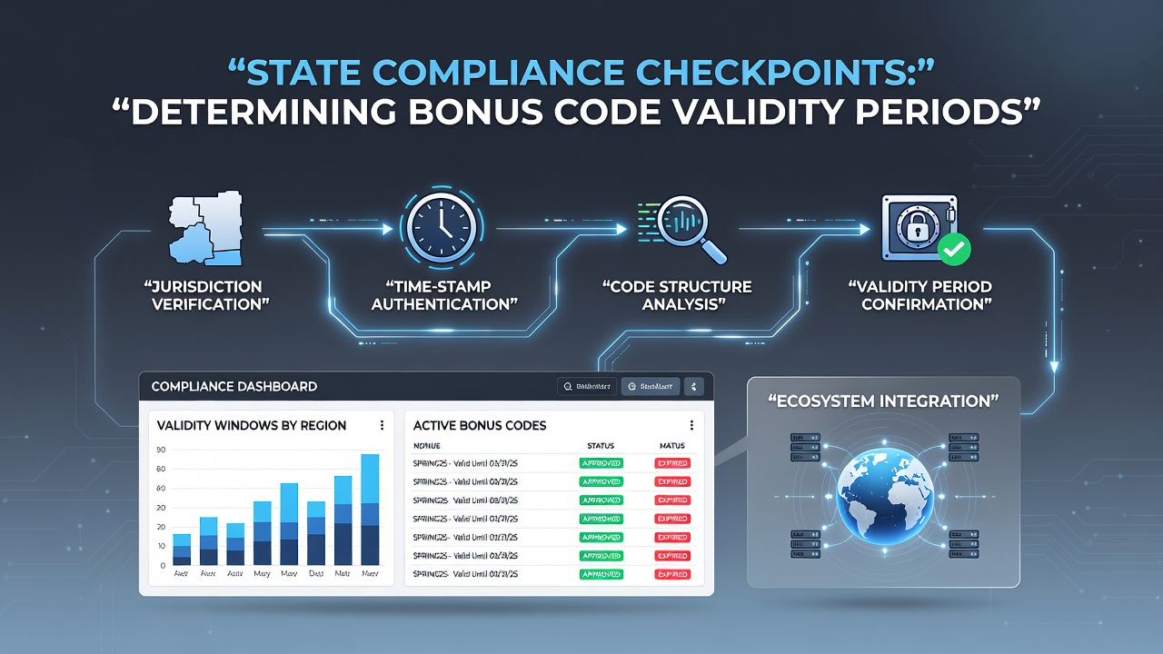 Digital interface showing bonus code validity timelines and state compliance verification screens