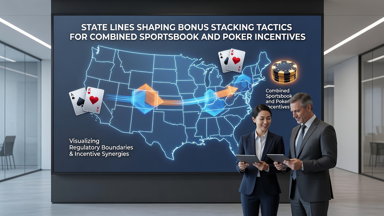 Illustration of poker chips and betting slips overlaid on a US state map highlighting regulatory differences