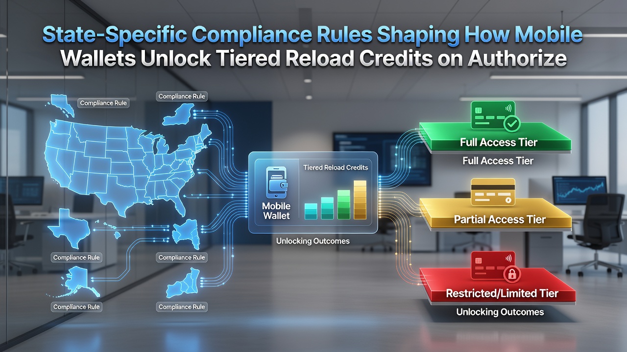 Regulatory compliance flowchart showing state-specific rules for mobile wallet reload credits
