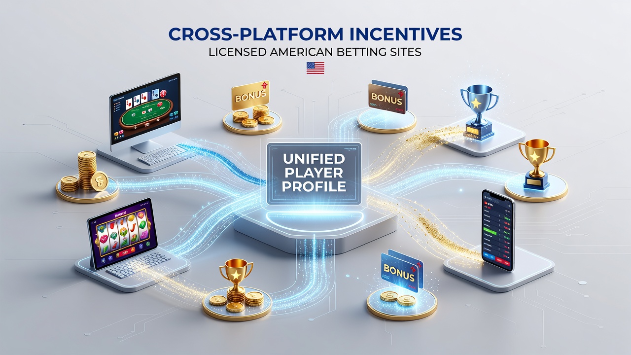 Illustration of unified player profile system connecting multiple betting platforms with reward icons flowing between sportsbook, casino, and poker sections