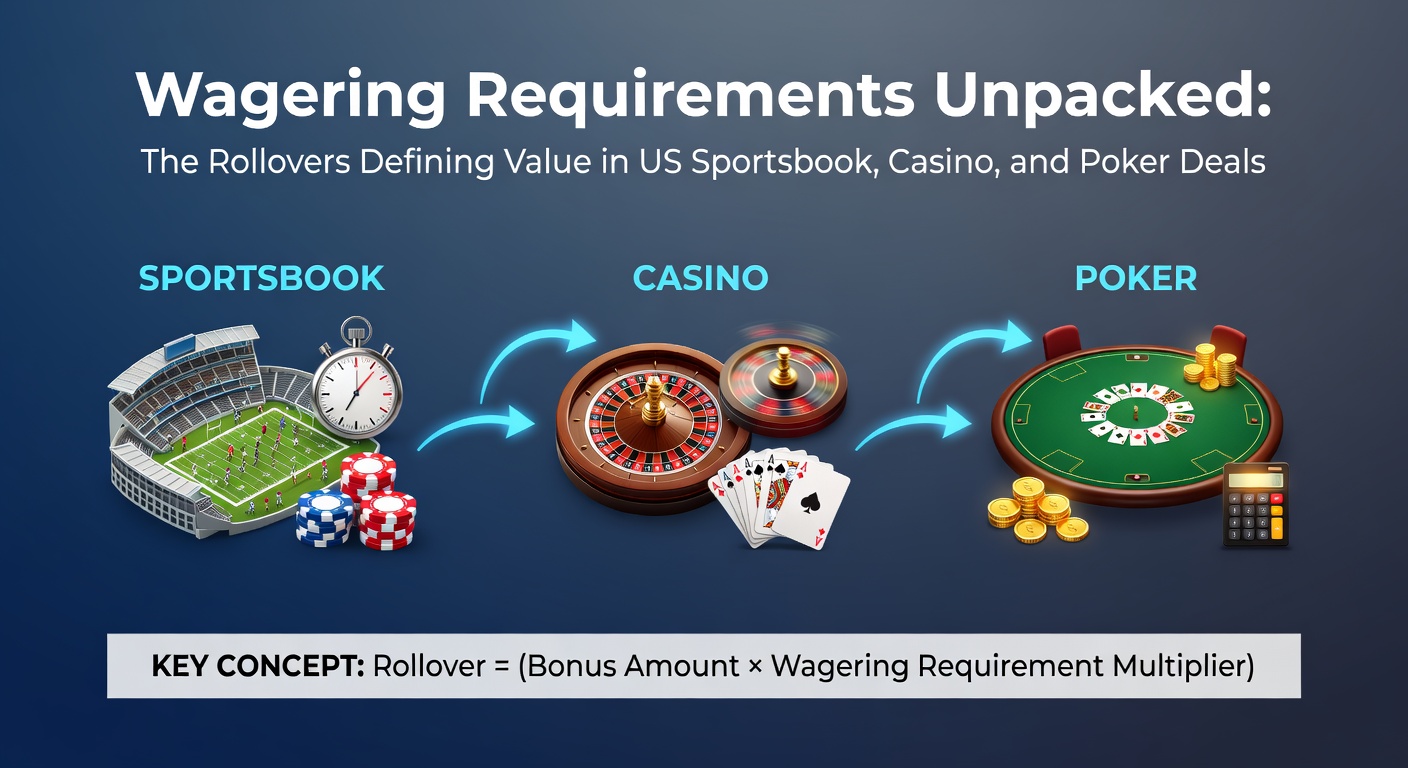Visual breakdown of wagering requirement mechanics showing rollover calculations across sportsbooks, casinos, and poker platforms