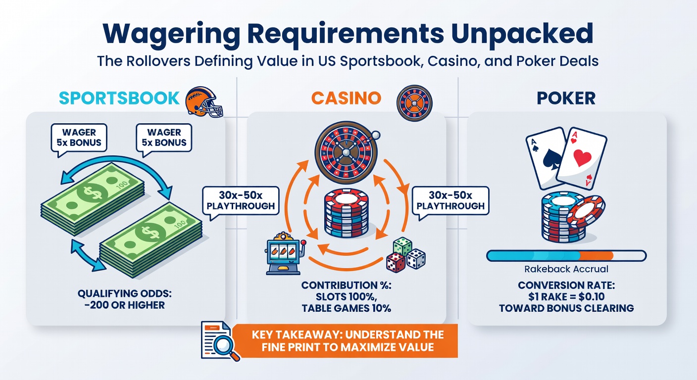 Infographic detailing game contribution percentages for casino wagering requirements, from slots at 100% to table games at 10-20%